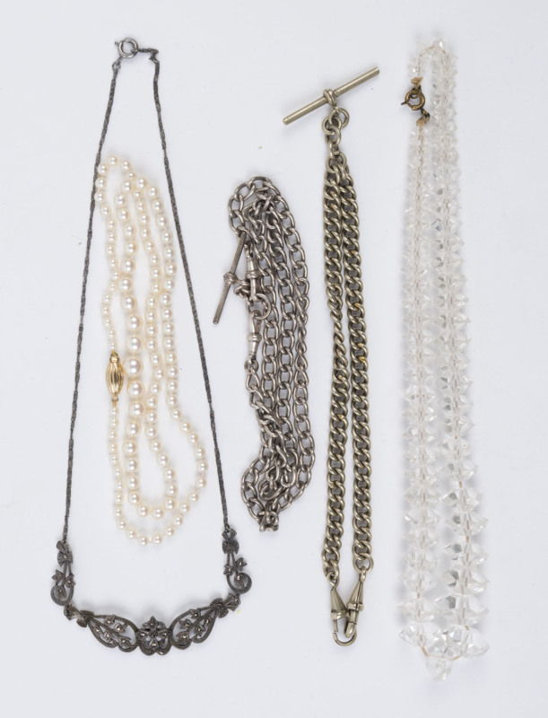 A graduated cultured pearl necklace with gold clasp, a vintage cut crystal bead necklace, two fob chains and a silver and marcasite Art Deco necklace, (5 items), ​the pearls 52cm long