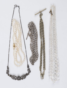 A graduated cultured pearl necklace with gold clasp, a vintage cut crystal bead necklace, two fob chains and a silver and marcasite Art Deco necklace, (5 items), ​the pearls 52cm long