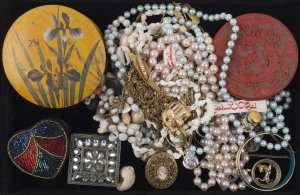 Four assorted jewellery boxes including Chinese cinnabar lacquer, Japanese hand-painted example, heart shaped box and diamante box, plus a quantity of costume jewellery including faux pearl necklaces, enamel bangle, thimble, pendants, shell beads etc, (qt