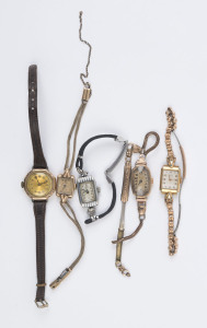 Five assorted vintage ladies watches including a 10ct gold cased ROLEX, a 9ct gold cased ROLEX, stainless steel cased VICEROY, 9ct gold cased watch and a dress watch.