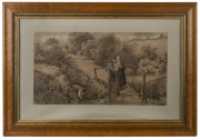 MYLES BIRKET FOSTER (British, 1825-1899), The Rustic Bridge, sepia engraving, printed by Butterfield & Mason, in original maple frame with gilt slip, 41 x 66cm - 2