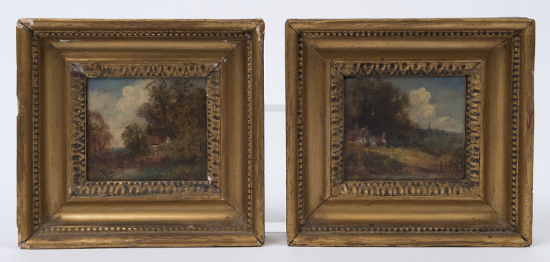 ARTIST UNKNOWN (British, 19th century), pair of East Anglian cottage scene landscapes, circa 1840, oil on board, signed "F.J.", Falcon Gallery label verso, ​9 x 10cm each, 19 x 20cm overall