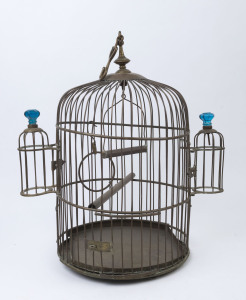 An antique Chinese birdcage, copper and brass with original blue glass knobs, 19th century, 60cm high, 55cm wide