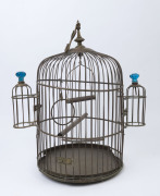 An antique Chinese birdcage, copper and brass with original blue glass knobs, 19th century, 60cm high, 55cm wide