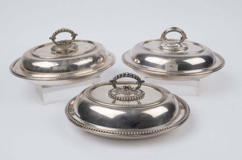 Three antique silver plated vegetable tureens, late 19th century, ​14cm high, 30cm wide, 23cm deep