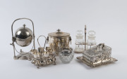 Antique silver plated biscuit barrel, cheese dish and cover, egg cruet, muffin warmer, pickle set and sugar bowl, 19th and early 20th century, (6 items), the largest 29cm high
