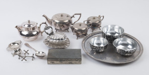 ROBUR "Challenge" silver plated hot water pot, silver plated tea service, tray, spoons, knife rests, strainer, butter dish, retro bowls, bottle stopper and white metal jewellery box, 20th century, (15 items), the tray 35cm diameter