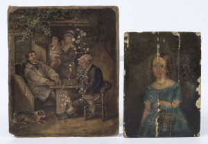 A miniature portrait painting of a girl in a blue dress, oil on gesso on board; together with a watercolour painting on card, 19th century, (2 items), 11 x 15cm and 18 x 15cm