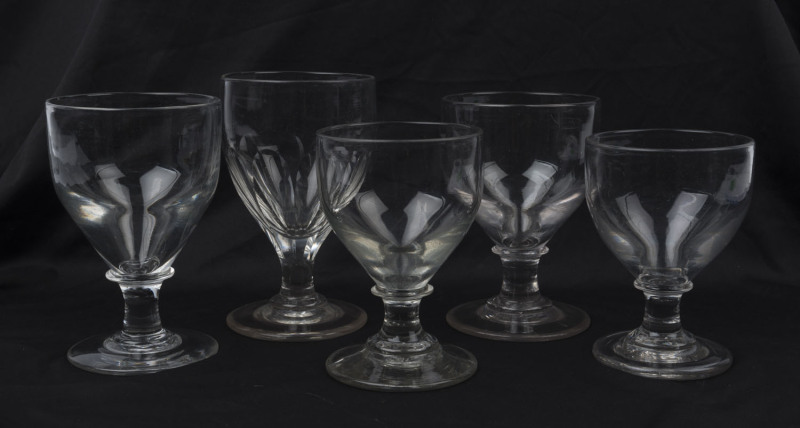 Five assorted antique glass rummers, one with facet cut decoration, 19th century, the largest 15cm high