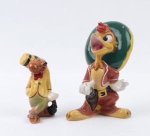 THE THREE CABALLEROS: painted and glazed ceramic anthropomorphic figurines of "Panchito Pistoles" the Mexican Rooster stamped 'W93' & "Italy" on base, height 20cm, plus the "Joe Carioca" parrot character made by Modern Ceramic Products of Sydney, with the