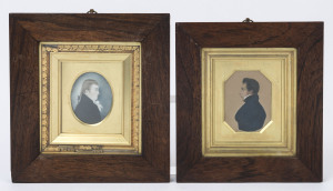 Two Georgian profile portrait miniatures, in original rosewood frames, each notated verso "The Year 1792," with further ownership inscription naming Mrs N.G. Downie, 22.5 x 20.5cm and 24 x 22cm overall