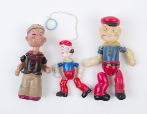 POPEYE: brightly painted celluloid figurines (3), one with wind-up mechanism (no key) for movement of Popeye's head; c.1930s, all made in Japan, the tallest figure 15cm high. (3 items)