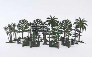 BRITAINS: - Cast Metal - Foliage: with various trees including Palm Trees (4), also hedgerow sections (4) and fences section (2); c.1950s, tallest piece (palm tree) 18cm. (23 items)