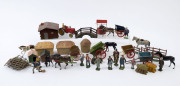 Britains and Other Manufactures:- Cast Metal - Farmyard figures & models: including horses & carts, tractor, sheds, bridge, hay barns, cattle troughs, quanity of fencing, horses, various farm workers, etc mostly c.1950s. (150+ items)