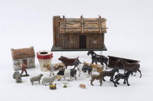 Britains:- Hollow Cast Lead - Farmyard figures: including horses, cattle, sheep & lambs, pigs, poulty; also sundry items including milk churns, hay stack and a wooden cottage (21 x 14cm, height 12cm); c.1950s. (100 items approx)