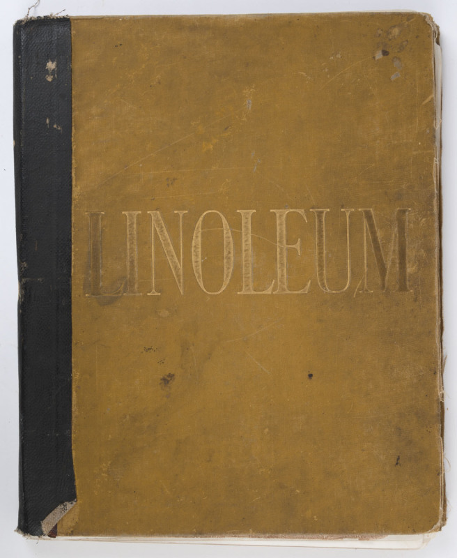 LINOLEUM SALESMAN'S SAMPLE CATALOGUE: circa 1885 loosely bound folio of sample "sections" (approx. 31 x 23cm) of designs by M.NAIRN & Co. of Kirkcaldy, Scotland. The folio was carried by "C.P. Schneider" of Albury, who has signed in manuscript in two plac