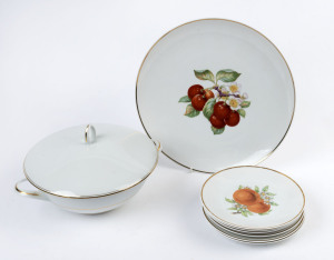 LIMOGES French porcelain tureen, together with a 7 piece HUTSCHENREUTHER German porcelain fruit set, 20th century, (8 items), the tureen 30cm across the handles