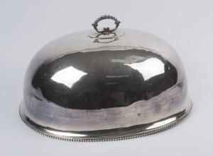 A large English silver plated meat dish cover with engraved Greek key design and family crest, 19th century, 29cm high, 51cm wide, 38cm deep