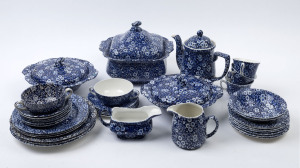CALICO WARE Burleigh porcelain teapot, 3 tureens, 2 jugs, 2 soup coupes, 2 bowls, 3 cups, 11 assorted saucers, 7 side plates, 3 entree plates and 3 dinner plates, 20th century, (37 pieces), the teapot 22cm high