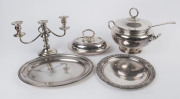 Silver plated soup tureen and ladle, vegetable tureen, candelabra and two serving trays, 20th century, the soup tureen 26cm high, 32cm across the handles