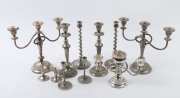 Four pairs of silver plated candlesticks and a matching set of three candelabra with three branches each, 20th century, (11 items), ​the largest 28cm high