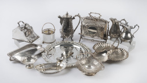 Assorted silver plated ware including cheese dish and cover, jugs, warmer, circular tray, dishes etc. 19th and 20th century, (11 items), the tray 33cm diameter