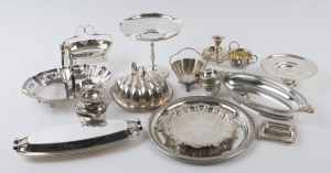 Assorted silver plated ware including compotes, tureen, tray, dishes, tea strainers, salver, candle holder, milk jug, sugar bowl etc, 20th century, (19 items), the tray 30cm diameter