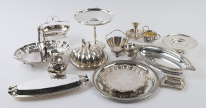 Assorted silver plated ware including compotes, tureen, tray, dishes, tea strainers, salver, candle holder, milk jug, sugar bowl etc, 20th century, (19 items), ​the tray 30cm diameter