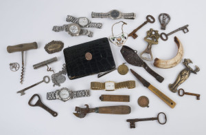 Collection of sundries including watches, medallions, corkscrews, bottle openers, wallet with gold mount, ruler etc, (27 items),
