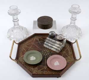 An inlaid timber tray, jewellery box, two Wedgwood dishes, a twin inkwell and a pair of glass stands, 19th and 20th century, (7 items), the tray 41cm across the handles