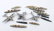 DINKY/MECCANO: - cast metal vintage Model Aeroplanes (3) & Ships (15) including Liners and Battleships; some are damaged. (18)