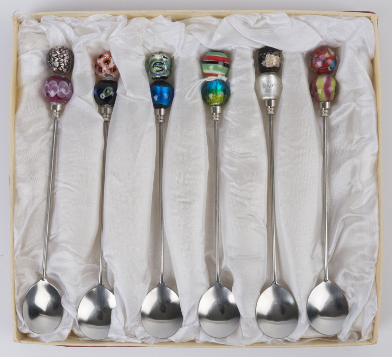 RIKARO set of six handmade art glass cocktail spoons in original box, circa 1970, ​15cm high