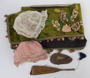 Antique velvet shawl, fan, two bonnets and a shoe, 19th and early century, (5 items), ​the shawl 180cm long