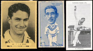 1950-53 cricket cards, noted 1950 Carreras "Famous Cricketers" (Turf slides) [50]; 1951 Potter & Moore "English Cricketers" [20]; 1953 Morning Foods "Test Cricketers" [25]. Fair/VG.