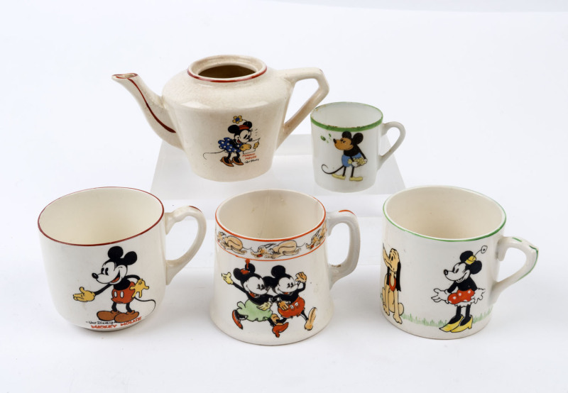 MICKEY & MINNIE MOUSE: glazed illustrated tableware group comprising Japanese made cups (2) by Superior, plus a miniature cup; also Wadeheath (England) teapot (no lid) & cup; c.1930s-40s, tallest 7cm.