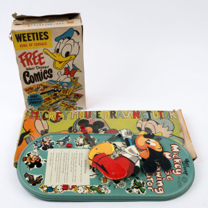 WELLS & CO: - Boxed - Disney: "Mickey Mouse Drawing Tutor" tinplate educational toy, Model 9/99, c.1950s, 48x21cm; also a rare early 1960s "Mighty Weeties" cereal box featuring a "Free Walt Disney Comic" promotion with Goofy & "Willie Weeties" (the cereal