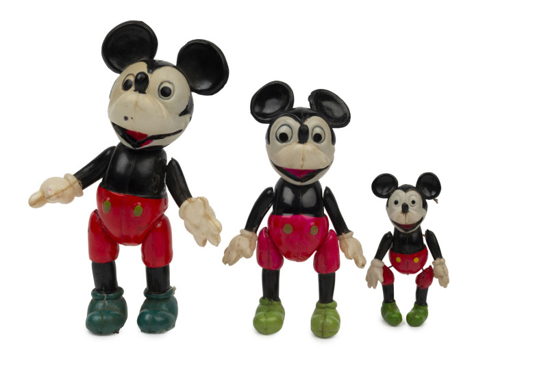 MICKEY MOUSE: brightly painted celluloid figurines (3), articulated limbs; c.1930s, made in Japan, the tallest figure 15cm high.