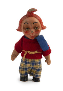MORITZ ("MAX & MORITZ"): rare figurine with composite head and hands and hollow body containing wind-up mechanism (no key), dressed in original felt clothing; c.1930s, height 15cm. Max & Moritz are two humorous schoolboy characters originating from a sto