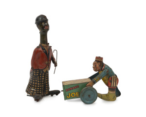 Lithographed tinplate toys comprising wind-up "Banana Joe" monkey pushing a banana cart, c.1950s made by Peter Pan Playthings (England); also pre-war "Long-necked man" mounted on wheels, marked 'Made in Germany/K870/D.R.P.', c.1940s, height 20.5cm. (2 ite