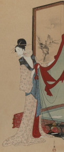 A Japanese woodblock print of a Geisha girl, Meiji Period, 40 x 17cm