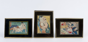 Three framed Japanese erotic woodblock prints, Meiji Period, 9 x 12cm each