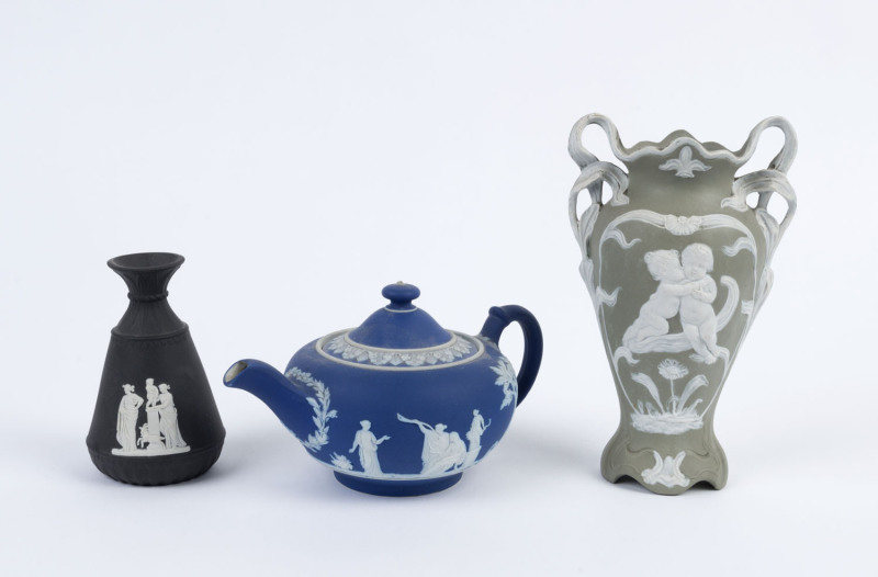 An antique Wedgewood Jasper ware teapot, Basalt ware vase and a continental cherub vase, 19th century, (3 items), ​ ​the largest 21cm high