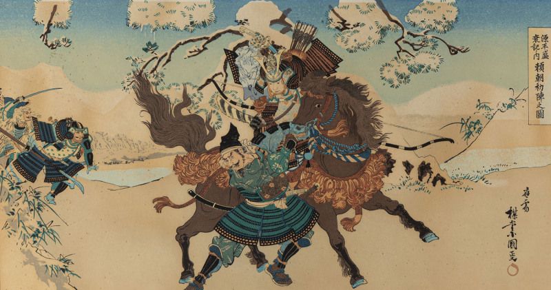 A Japanese woodblock print of a samurai battle scene, Meiji Period, ​24 x 45cm