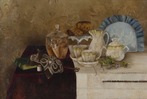 ARTIST UNKNOWN (19th century), still life afternoon tea, oil on canvas, in period gilt frame, 50 x 75cm