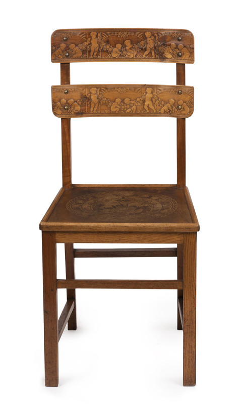 An unusual set of eight dining chairs with pressed back Putti scenes, beech, early 20th century