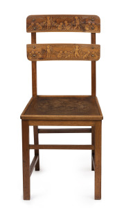 An unusual set of eight dining chairs with pressed back Putti scenes, beech, early 20th century