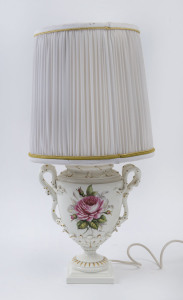 ROYAL WORCESTER English porcelain table lamp and shade, signed "Freeman", 20th century, black factory mark to base, 60cm high overall
