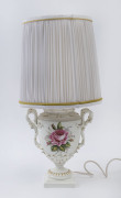 ROYAL WORCESTER English porcelain table lamp and shade, signed "Freeman", 20th century, black factory mark to base, ​60cm high overall