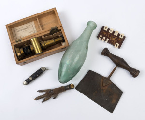 Torpedo bottle, pocket microscope, antique chopper, Japanese whist scorer, pocketknife and Scottish grouse foot brooch, 19th and 20th century, (6 items), the bottle 23cm high