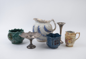 Antique wash jug, two porcelain jardinieres, silver plated compote and vase plus a W.&R. Carlton ware porcelain jug, 19th and 20th century, (6 items), the wash jug 26cm high